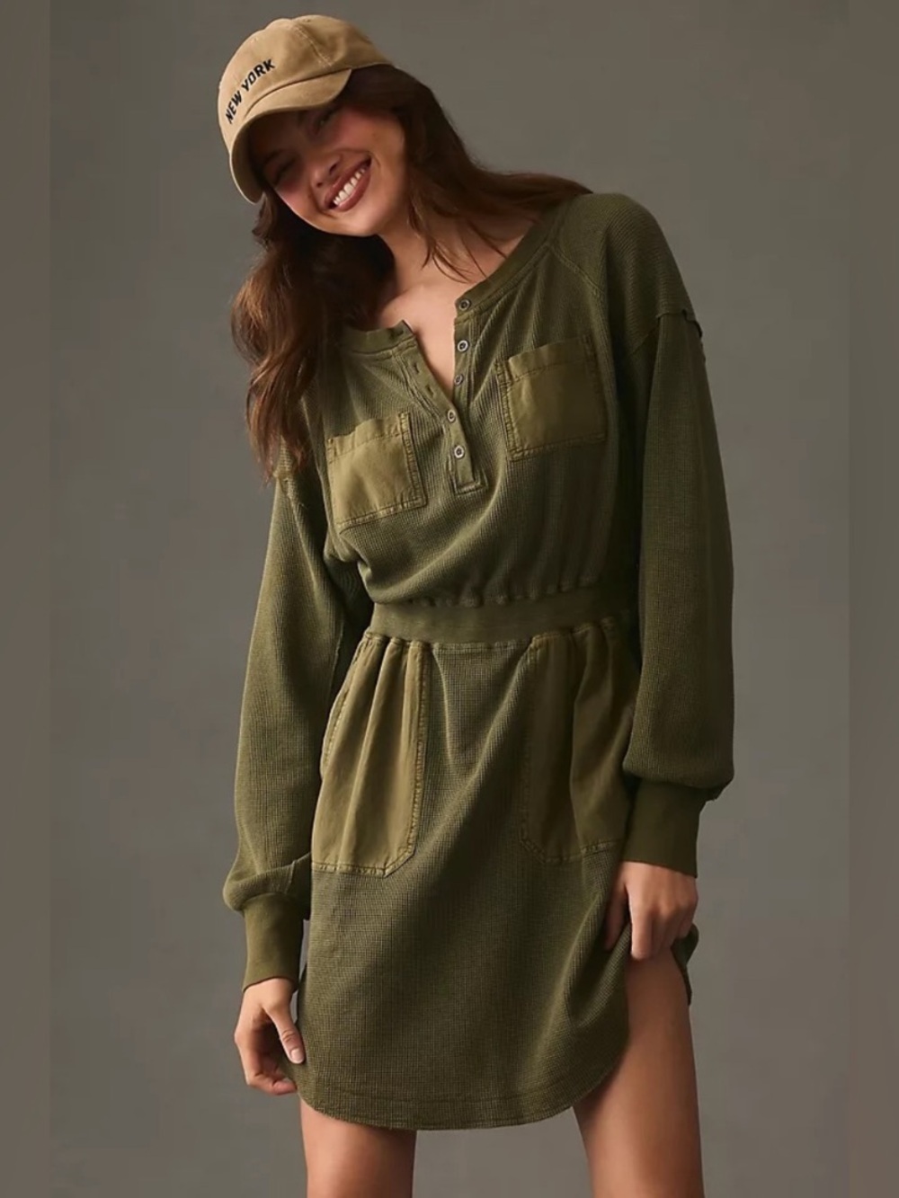 Daily Practice Anthropologie Olive Green Long-Sleeve Henley Dress